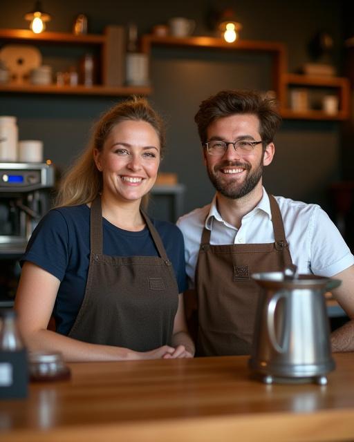 Eierne av Kråka Kro som smilende serverer kaffe.