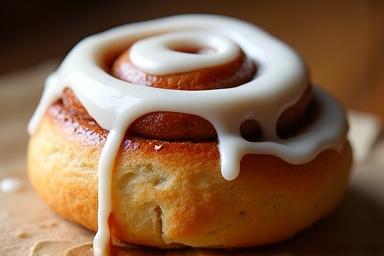 En nybakt, saftig kanelbolle med melisglasur.